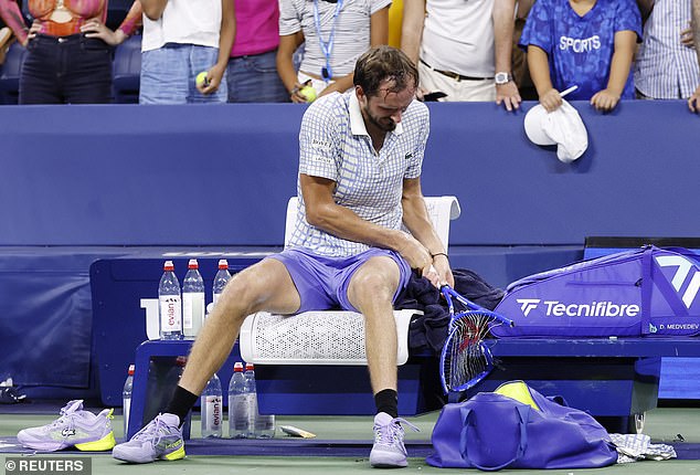 The Russian was caught repeatedly smashing his racket on his bench after his defeat