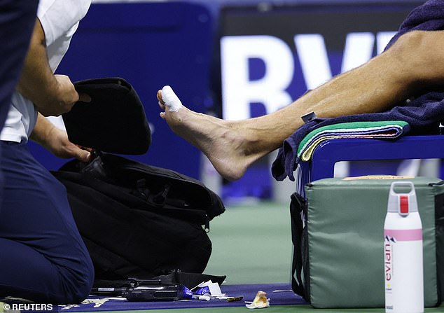 Djokovic's big toe was patched up by the physio and he returned to earn a straight sets win