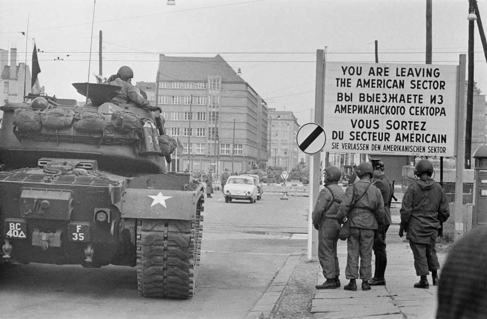 American tanks and troops at Checkpoint Charlie, Berlin Wall.