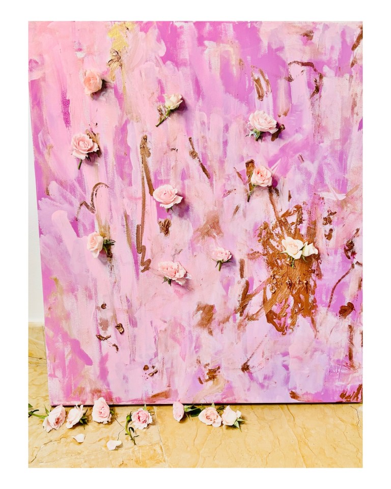 Abstract painting with pink roses.