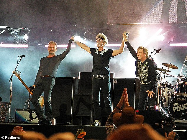 Sting, Stewart Copeland and Andy Summers of The Police take a final bow and wave the crowd farewell after performing on stage on Day 2 of 'Hard Rock Calling' on June 29, 2008, in Hyde Park, London