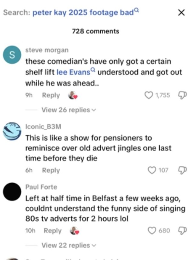 Others said: 'Is his act still about remembering things from the 1980s?'; 'It was absolutely the same for me, spent £200 per ticket and didn't laugh once'
