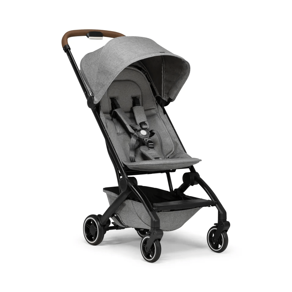 Gray stroller with black frame.