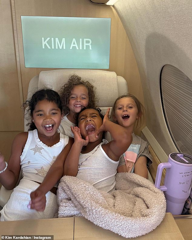 The reality star took to her Instagram on Sunday with snaps of the trip after flying the youngsters on a private jet, which had been renamed 'Kim Air' for the occasion
