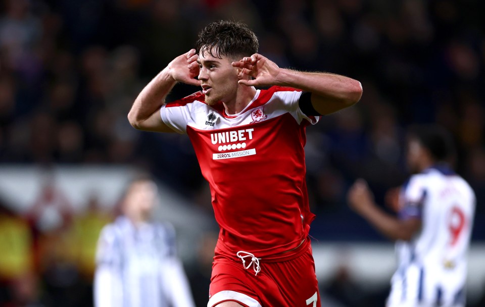 Hayden Hackney of Middlesbrough celebrates scoring.
