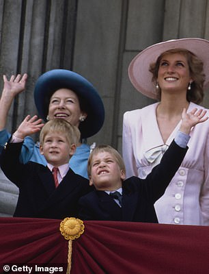 Prince William gave the Royal Air Force pilots an enthusiastic wave as he stood on the balcony with Princess Margaret, Princess Diana, and Prince Harry for the Trooping the Colour ceremony in 1989