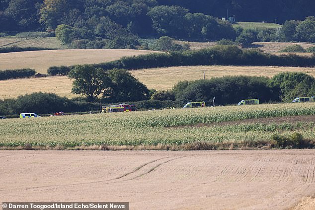 At the time of the tragic crash, the pleasure flight was being used for a flying lesson, according to Northumbria Helicopters (pictured: firefighters attend the incident)