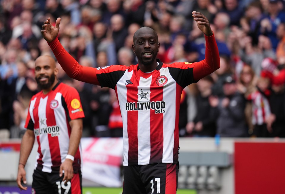 Yoane Wissa of Brentford celebrates a goal.