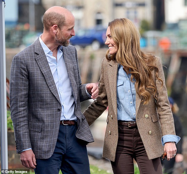 Kate also debuted lighter locks on a visit to Tobermory in April alongside Prince William