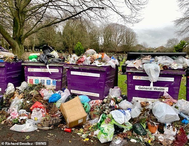 Overflowing bins have also been blamed for the problem. A few are pictured here at Whitworth Road cemetery, Swindon, on Christmas Day