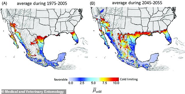 The above map shows areas that the screwworm could inhabit in blue. These include parts of Florida and Texas