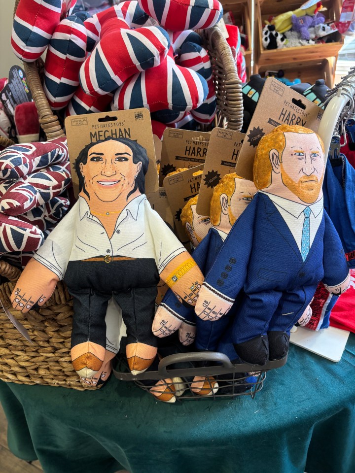 Dog toys shaped like Prince Harry and Meghan Markle.