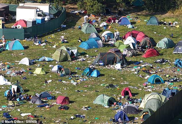 Pictures show fields littered with crushed cans, drinking cups and bottles, scattered among broken tents still pitched and camping chairs