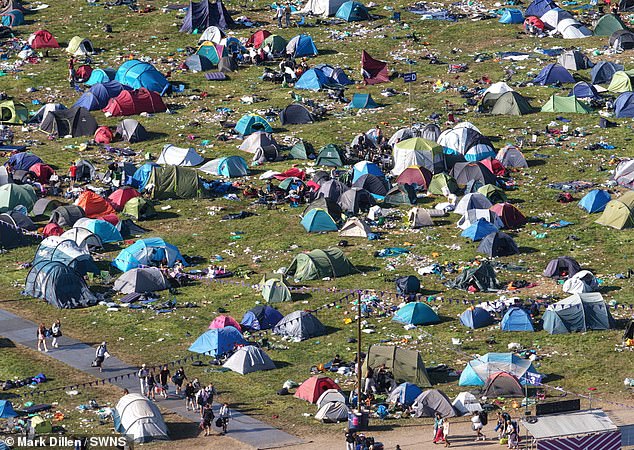 Pictures show abandoned tents, sleeping bags, camping chairs and blow-up mattresses