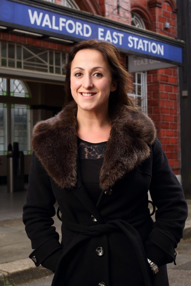 Natalie Cassidy, actress in EastEnders, in front of Walford East Station.