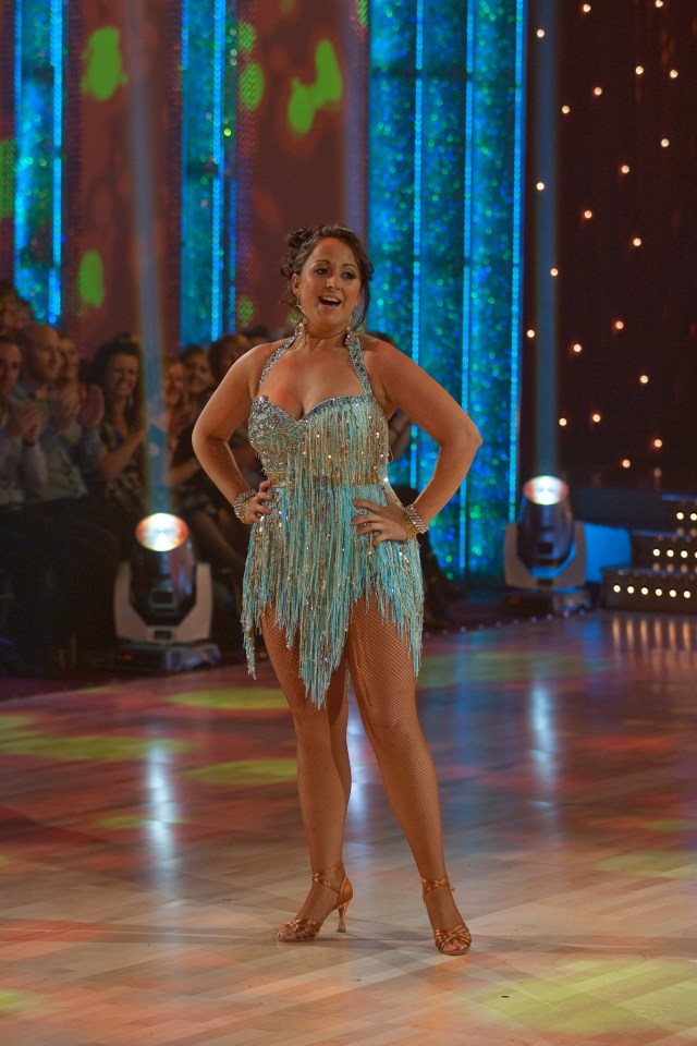 Natalie Cassidy dancing in a sparkly turquoise dress on Strictly Come Dancing.