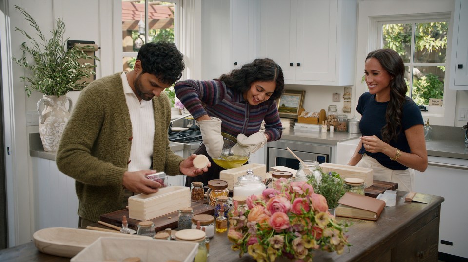 Jay Shetty, Radhi Devlukia, and Meghan, Duchess of Sussex making soap.