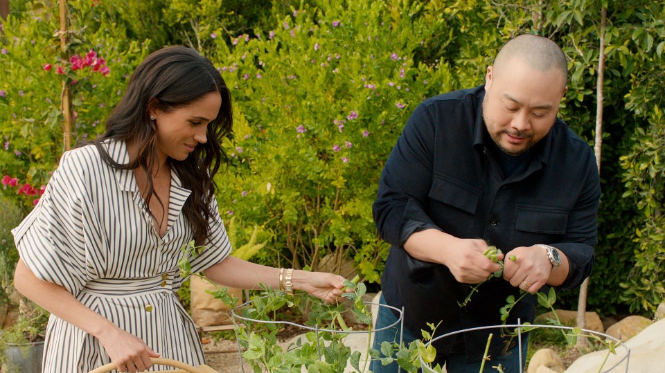 Meghan Markle and David Chang harvesting peas in a garden.