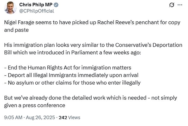 Tory shadow home secretary Chris Philp claimed that Reform's policy is based on many of the Conservatives' own proposals