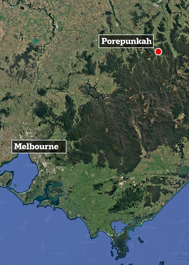 Scores of police officers have now arrived in Porepunkah, population 1,024, located 6km from the popular tourist town of Bright, and four hours from Melbourne