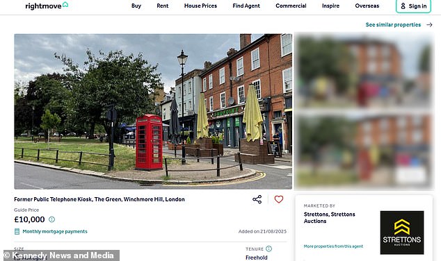 The listing on Rightmove which shows the telephone box up for sale in London for £10,000