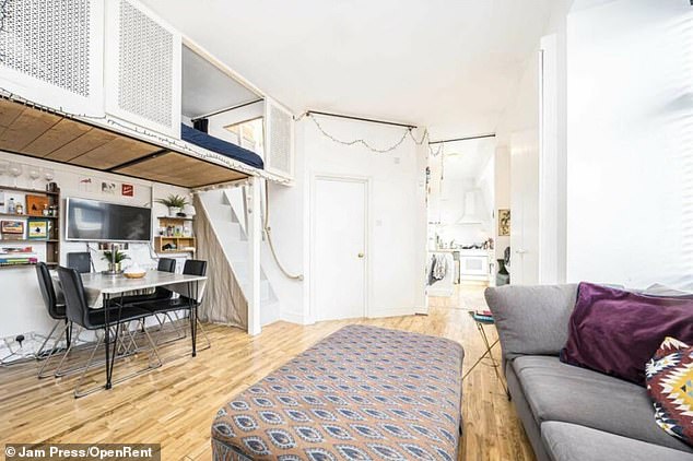 The mezzanine level features a bed hidden behind 'cute' Moroccan-style shutters - and is reportedly big enough for two
