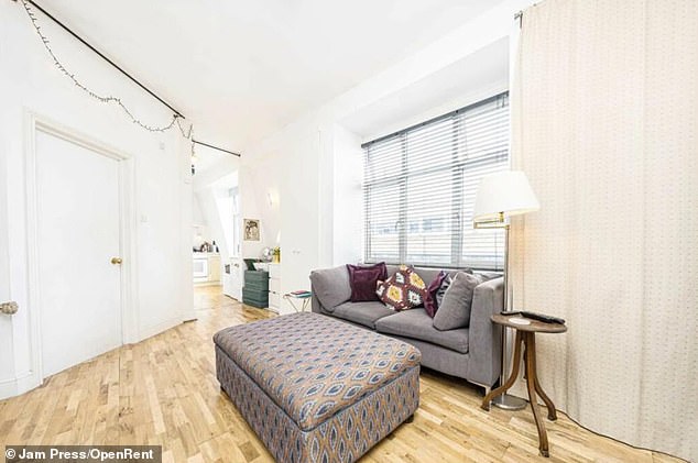 The living space boasts a sofa, ottoman, dining table and a TV and shelves - and an unconventional feature above
