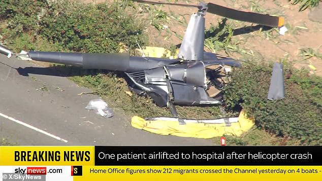 Pictures of the aftermath of the crash show the helicopter came down in a hedgerow
