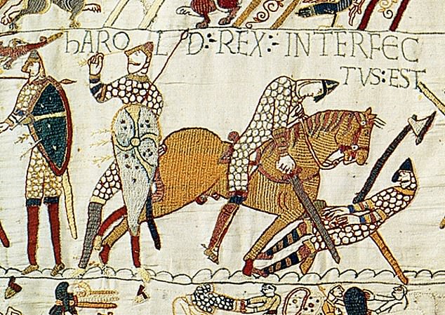 King Harold of England was defeated at the Battle of Hastings in 1066. Above: The 11th century Bayeux Tapestry, which depicts Harold with an arrow through his eye