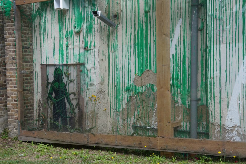 Banksy artwork of a figure holding a plant, on a wall with green paint streaks.