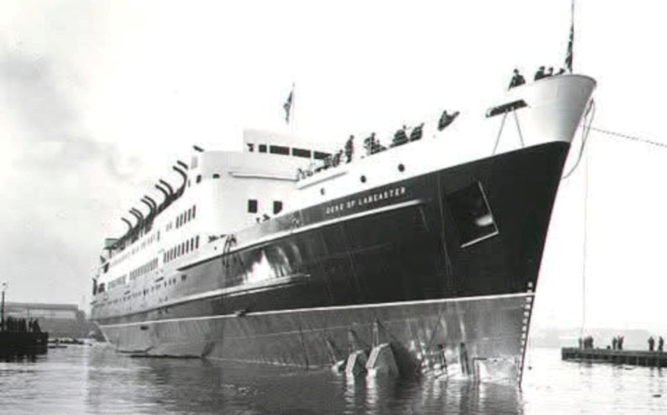 Black and white photo of the TSS Duke of Lancaster cruise ship.