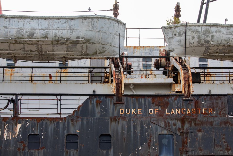 Rusty hull of the Duke of Lancaster ship.