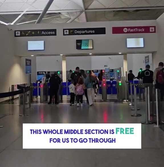 Airport security checkpoint with free lane.
