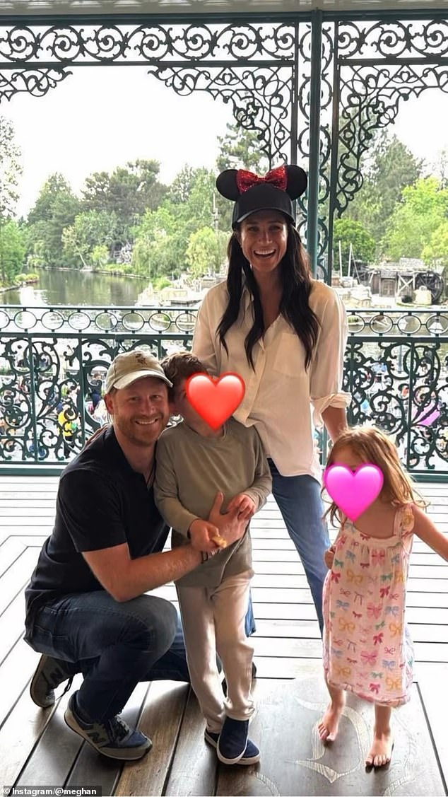 Meghan said she, Harry, Archie, six, and Lilibet, four, all informally use 'Sussex' as their surname. Pictured together on a trip to Disneyland earlier this year