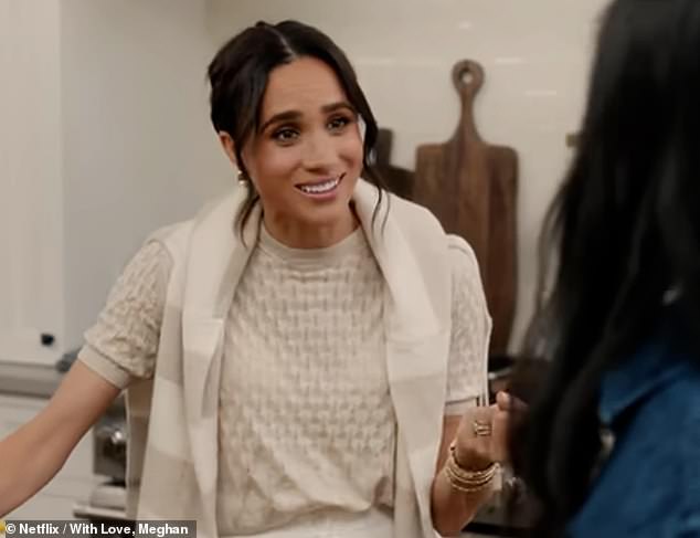 Meghan, 44, had first declared that her last name is now 'Sussex' in the first season of With Love, Meghan (pictured), when she corrected her celebrity friend and The Office star Mindy Kaling