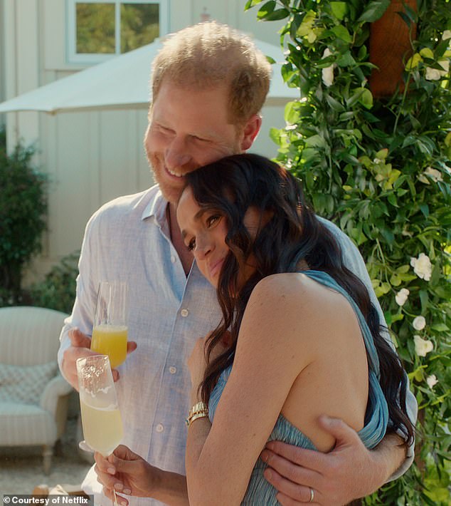 Meghan said she and Harry use the name 'Sussex' 'loosely' as a last name, but revealed her legal name is Meghan, Duchess of Sussex. Pictured with Harry in season one of her Netflix show