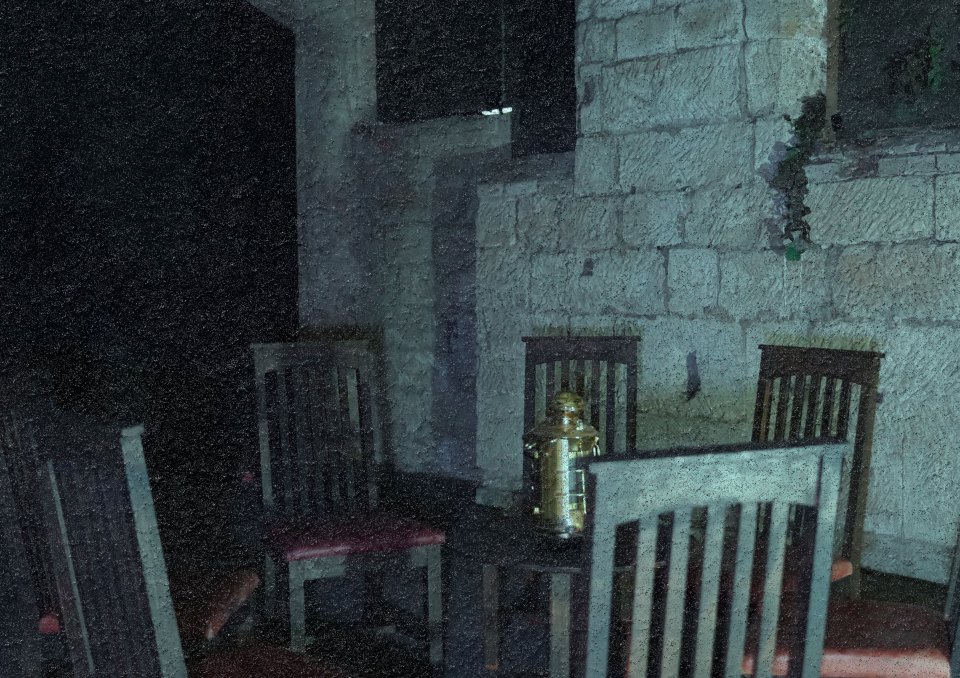 Illustration of a dimly lit room with chairs and a lantern.