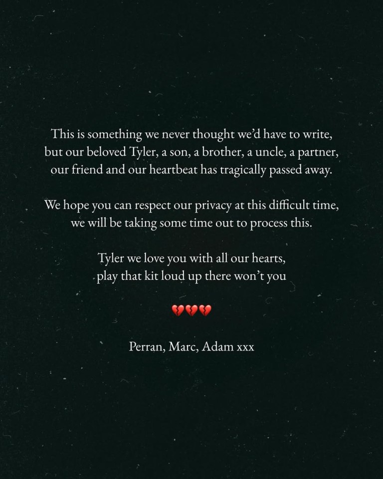 Announcement of the death of Tyler, a band member.