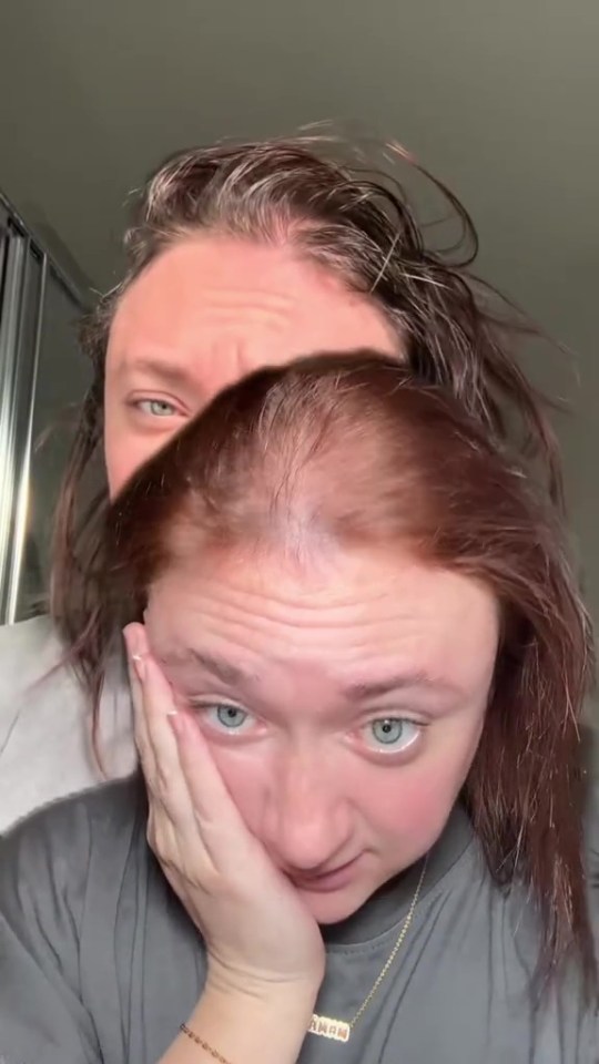 A woman looking upset with a man's face superimposed over her shoulder.