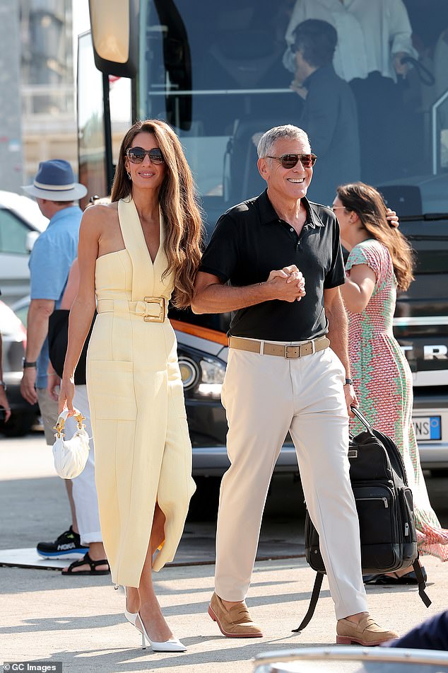 Meanwhile her husband George, 64, looked rather dapper in a black polo shirt and cream trousers
