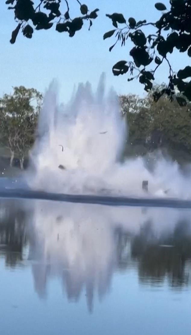 The aircraft fell on its side into the pond and made a huge splash