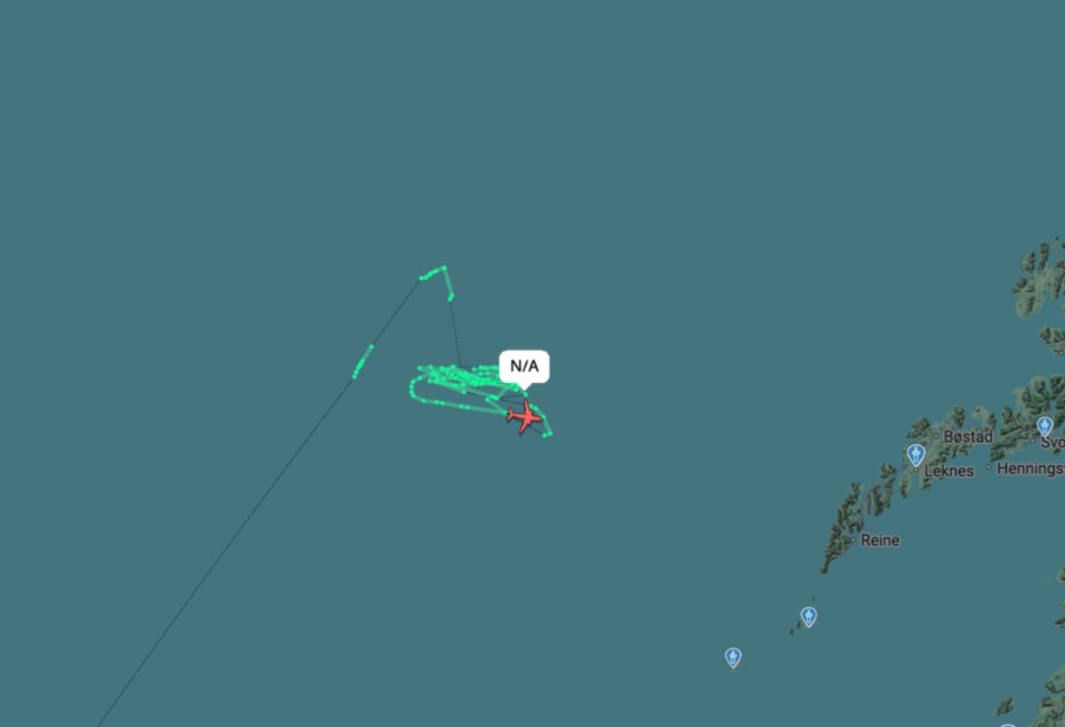 Flightradar24 map tracking a Royal Air Force Boeing Poseidon MRA1 aircraft.
