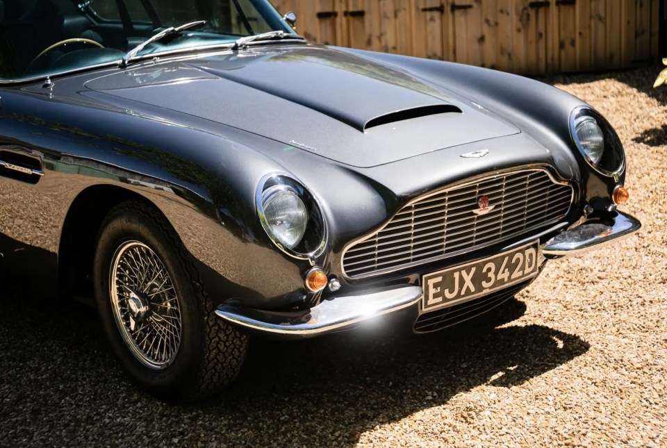 Close-up of a slate grey 1966 Aston Martin DB6 Mk1 Vantage.