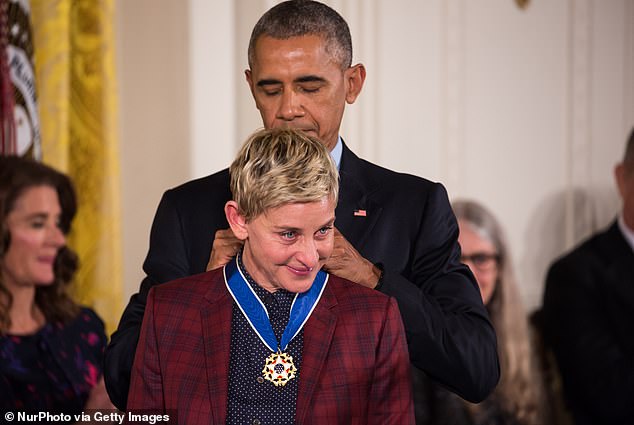 DeGeneres weeps as she is awarded the Presidential Medal of Freedom by former President Barack Obama at the White House in 2016 for her 'impact on hearts and minds.' But back on the west coast, she was allegedly presiding over a culture of extreme bullying