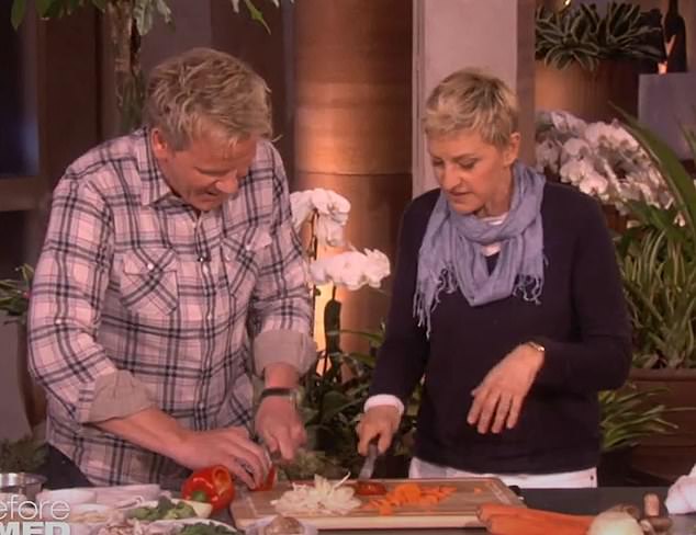 DeGeneres banned TV chef Gordon Ramsay after he slammed her for using rancid meat during an on-screen cookery demonstration, it is claimed (Ramsay is pictured on DeGeneres's show in 2010)