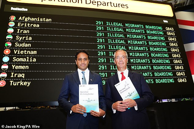 Mr Farage, on a stage adorned with mock departure boards for deportation flights, said he would detain and deport 'absolutely anyone' that comes to Britain via small boat