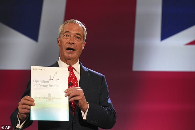 Mr Farage produced an eight-page guide to 'Operation Restoring Justice', which was described as a 'five-year emergency programme' Reform would enact if it wins power