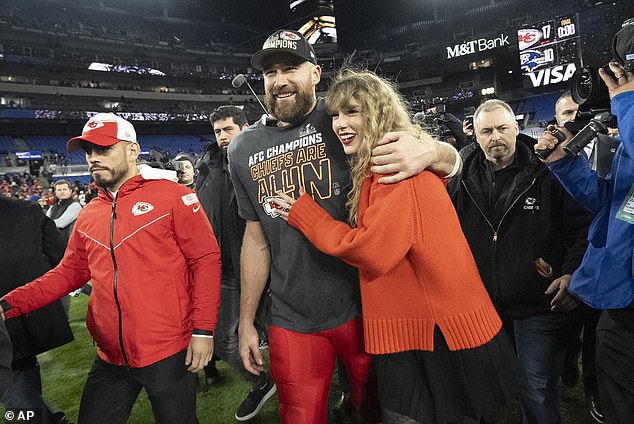 Since that day their romance has captivated the world, with Taylor supporting Travis' run to two Super Bowls while the NFL star has traveled alongside her around the globe on her wildly successful Eras tour; pictured last year