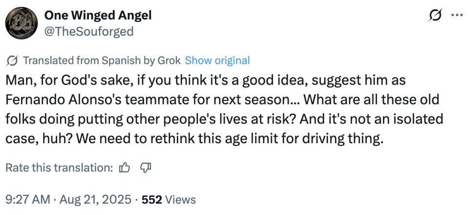 Screenshot of a tweet questioning elderly drivers' fitness to drive, following a news story about an 81-year-old man driving the wrong way on four motorways.