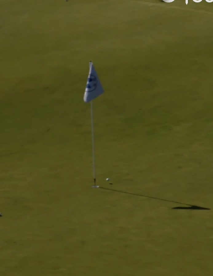Golf ball near the hole on a green.